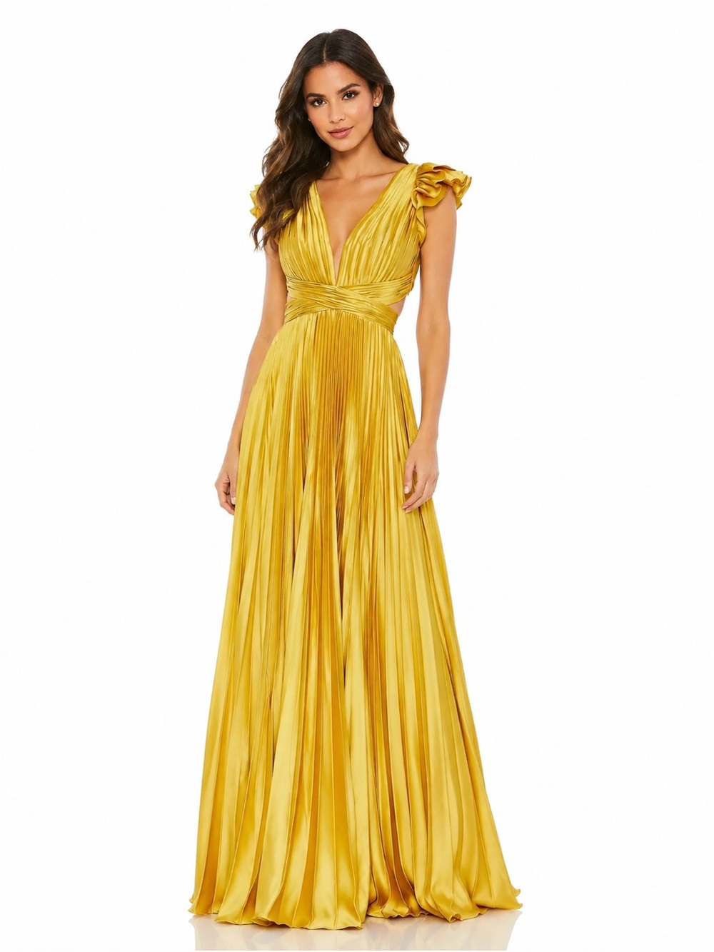 Mac Duggal Leena Pleated Ruffled Cap Sleeve Cut Out Lace Up Gown